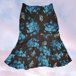 Vtg Y2k Black Blue Pink Floral Mod Retro Long Maxi Funky Colorful Silk Skirt XS
